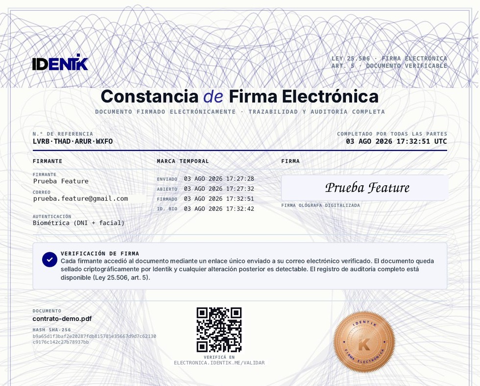 Constancia de Firma Electrónica de Identik: firmante, marca temporal (enviado, abierto, firmado, ID biométrica), autenticación biométrica con DNI y rostro, firma ológrafa digitalizada, hash SHA-256 y QR de verificación en electronica.identik.me/validar